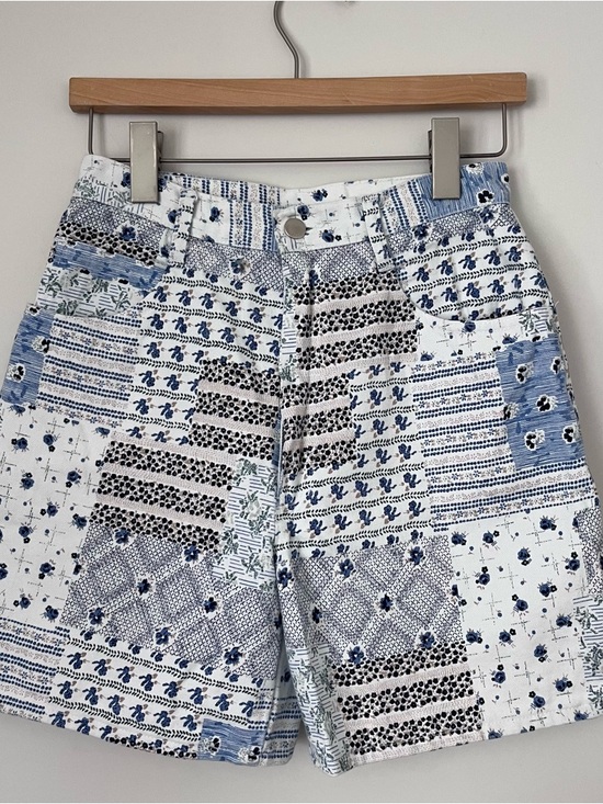 Pants - Patchwork Blue & White Cotton Shorts